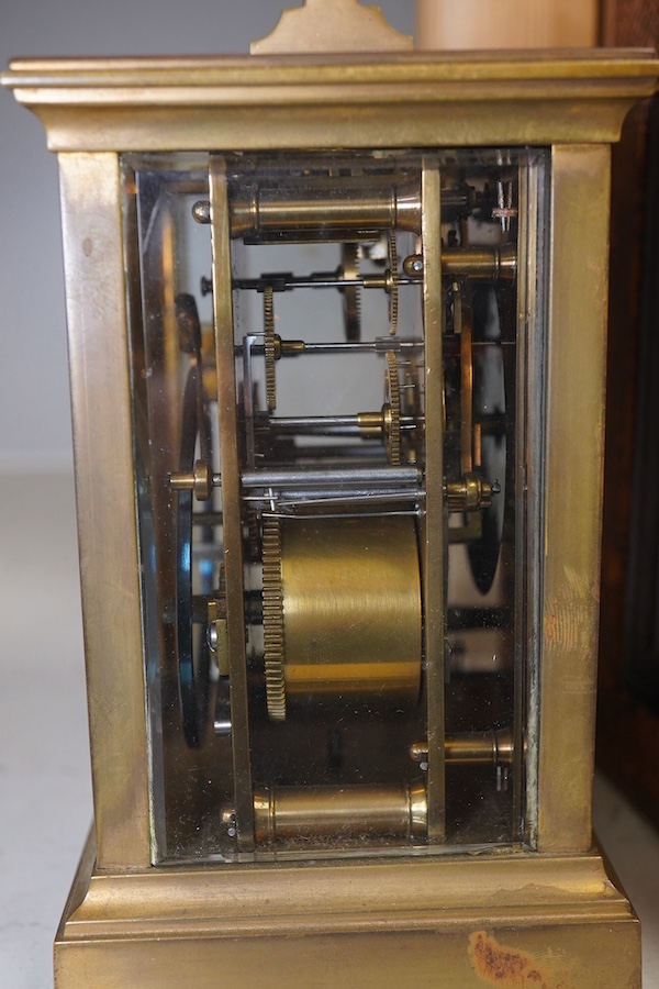 A cased repeating carriage clock, signed Oldfield, Liverpool to the face, striking on a coiled gong, with an engraved dedication to the top dated 11 February 1899. Condition - fair.